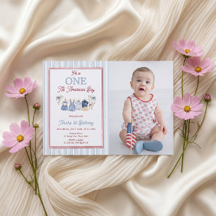 Invitación de cumpleaños de niño rojo blanco y azu