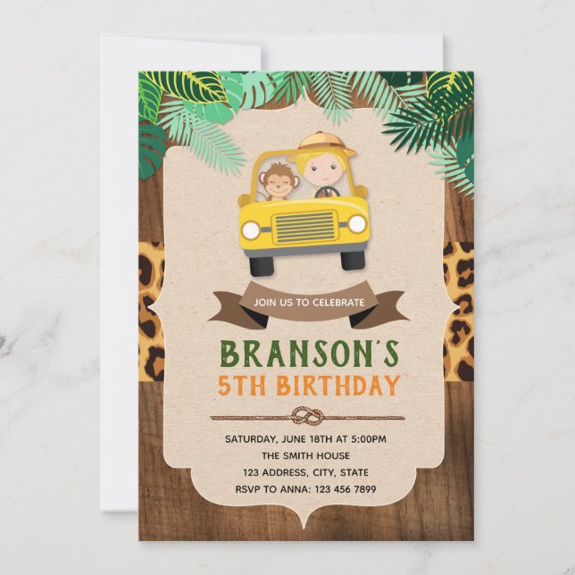 Invitación de cumpleaños de niño safari (Anverso)