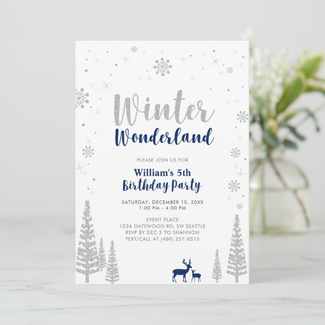 Invitación de cumpleaños de niño Silver & Navy Win (Anverso de pie)