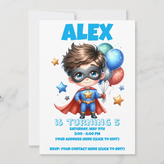 Invitación de cumpleaños de Niño Superhéroe | Edit (Anverso)