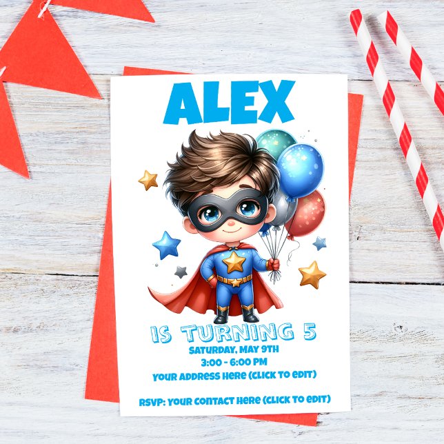 Invitación de cumpleaños de Niño Superhéroe | Edit (Subido por el creador)
