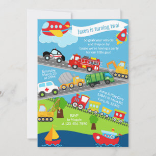 Invitación de cumpleaños de niño vehículos de tran
