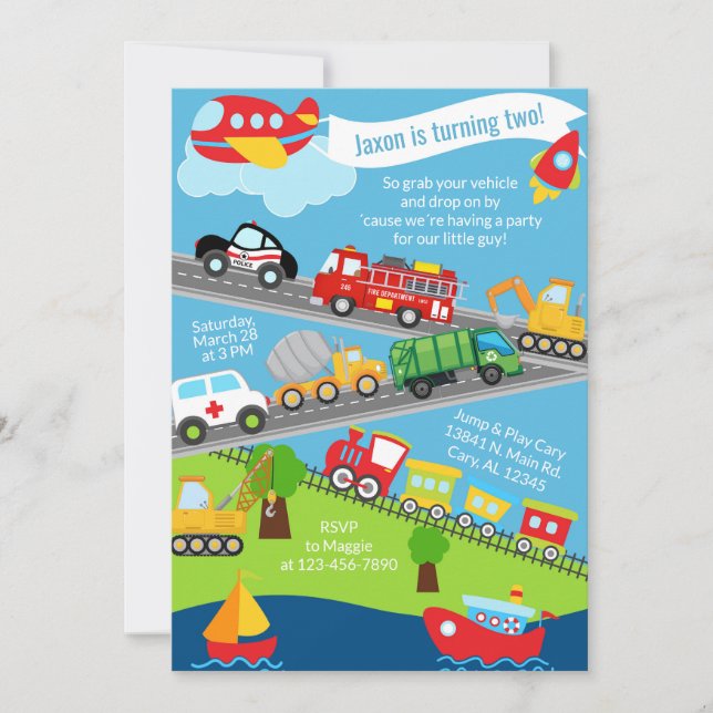 Invitación de cumpleaños de niño vehículos de tran (Anverso)
