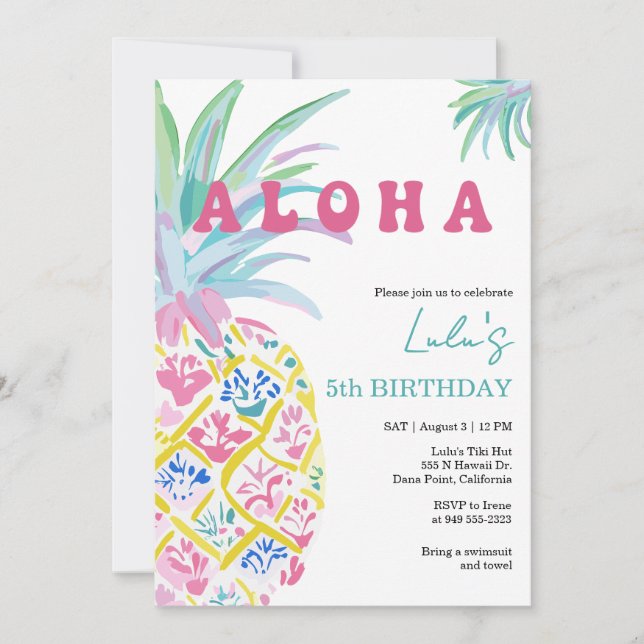 Invitación de cumpleaños de niños Aloha Luau (Anverso)