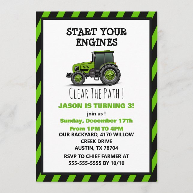 Invitación de cumpleaños de niños con tractor verd (Anverso)