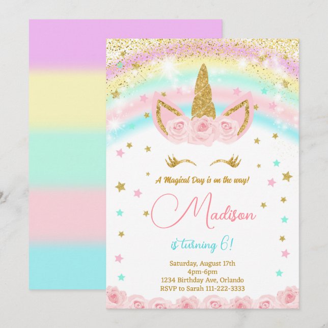 Invitación de cumpleaños de niños con unicornio ar (Anverso / Reverso)