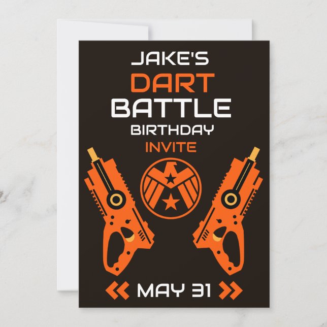Invitación de cumpleaños de niños Dart Wars (Anverso)