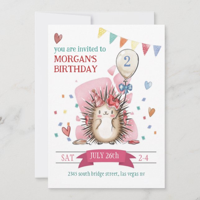 Invitación de cumpleaños de niños de Hedgehog Rosa (Anverso)