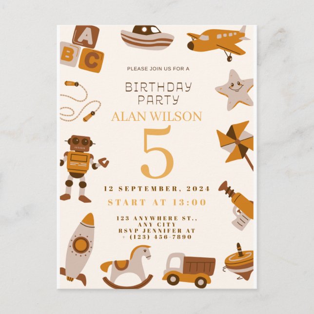 Invitación de Cumpleaños de Niños de Juguetes Retr (Anverso)