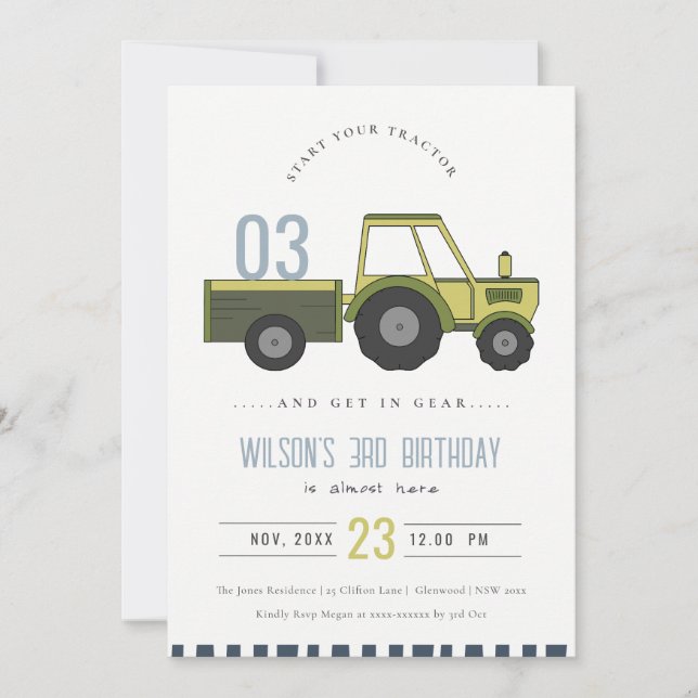 Invitación de cumpleaños de niños de Tractor de Gr (Anverso)
