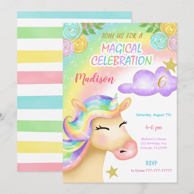 Invitación de cumpleaños de niños de Unicornio (Anverso / Reverso)
