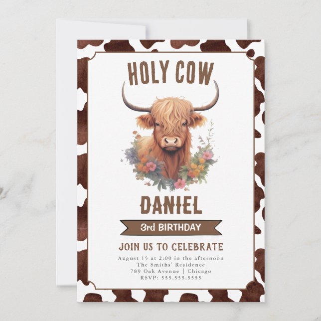 Invitación de cumpleaños de niños de vacas de High (Anverso)