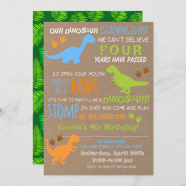 Invitación de cumpleaños de niños pequeños dinosau (Anverso / Reverso)