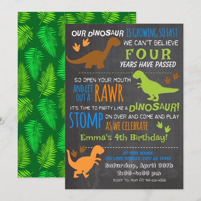 Invitación de cumpleaños de niños pequeños dinosau (Anverso / Reverso)