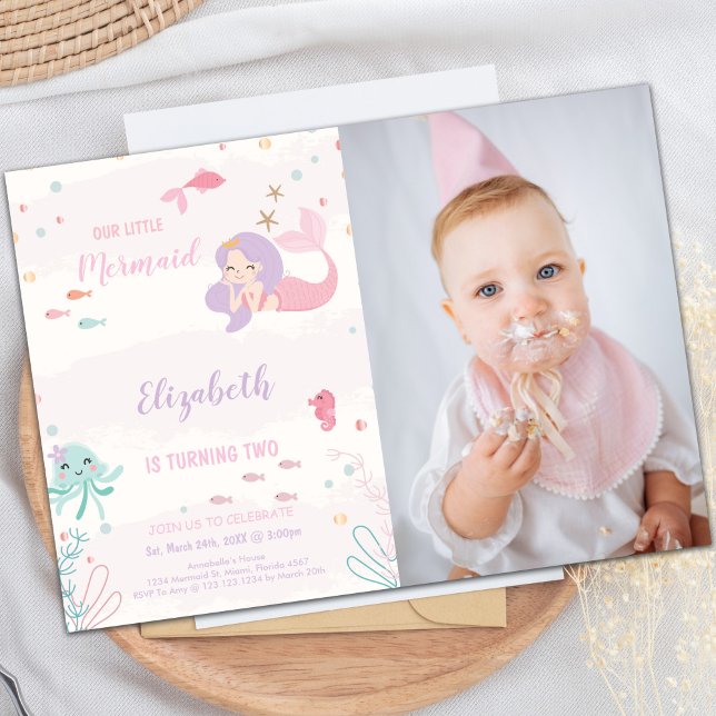 Invitación de cumpleaños de nuestra sirena rosada  (Our Little Pink mermaid Invitations with photo)