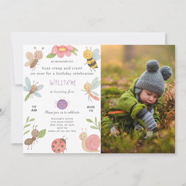 Invitación de cumpleaños de nuevos bugs con foto (Anverso)