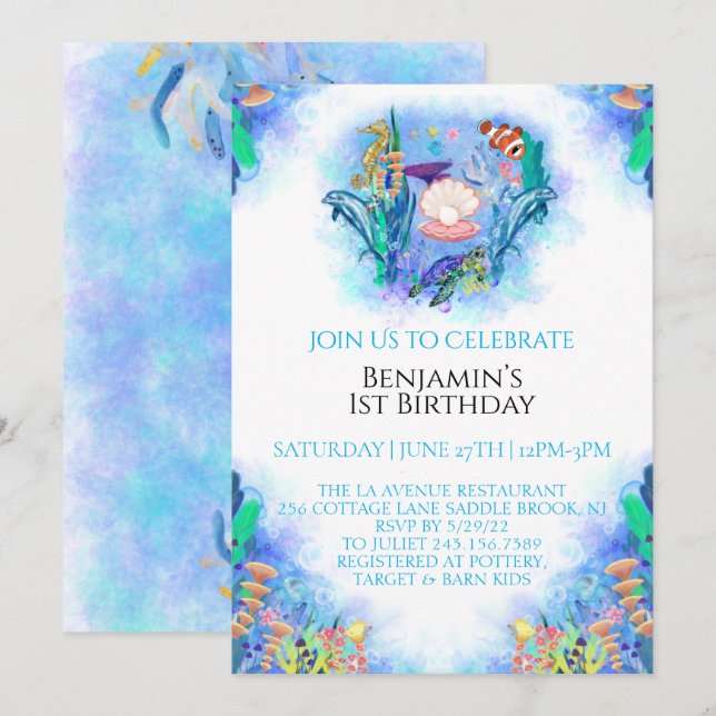 Invitación de cumpleaños de Ocean Sea Animals (Anverso / Reverso)