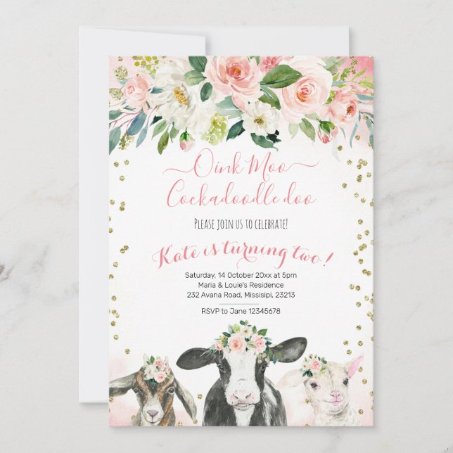 Invitación de cumpleaños de Oink Moo Cockadoodle D (Anverso)