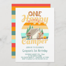 Invitación de cumpleaños de One Happy Camper Woodl