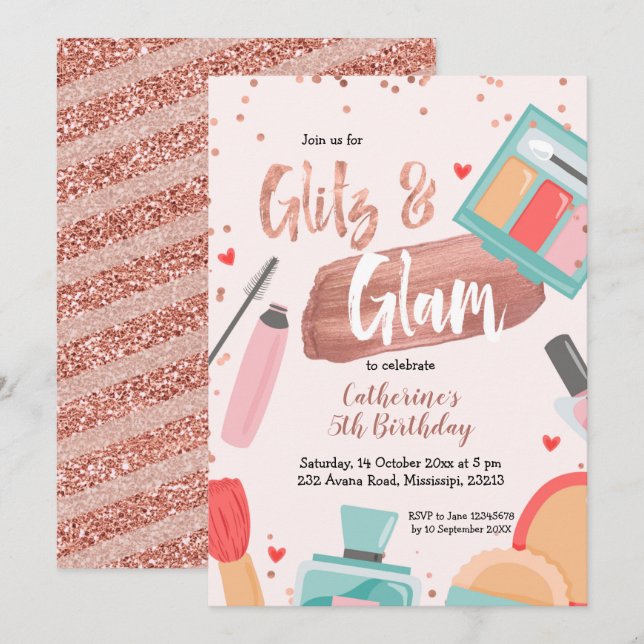 Invitación de cumpleaños de oro a Glitz y Glam Ros (Anverso / Reverso)
