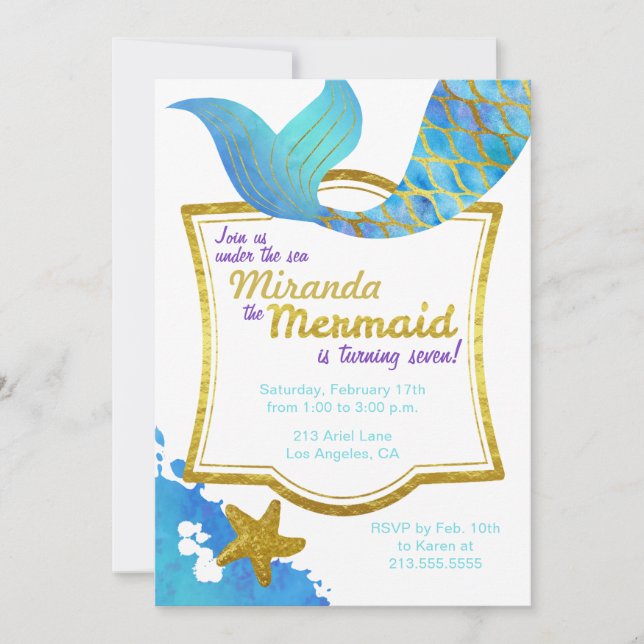 Invitación de cumpleaños de oro a Mermaid Watercol (Anverso)
