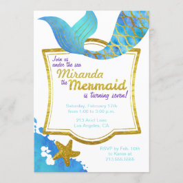 Invitación de cumpleaños de oro a Mermaid Watercol
