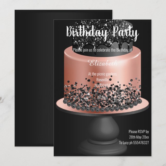 INVITACIÓN DE CUMPLEAÑOS DE ORO DE ROSA NEGRO (Anverso / Reverso)