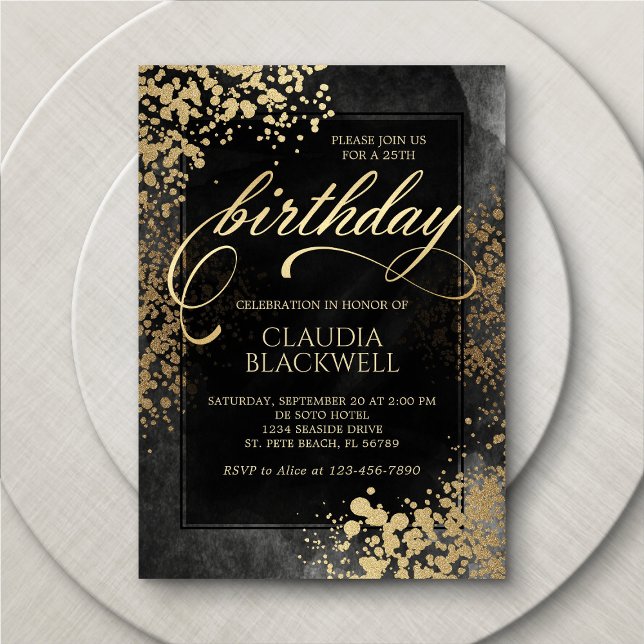 Invitación de cumpleaños de oro negro de moda (Subido por el creador)