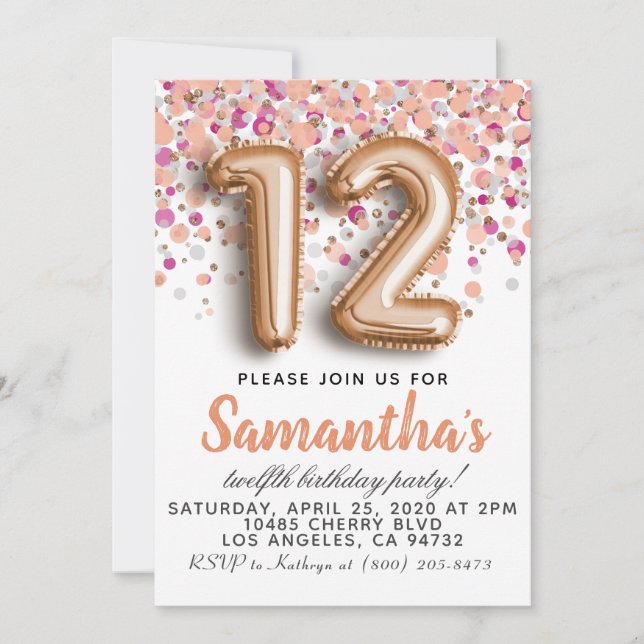 invitación de cumpleaños de oro rosa 12 (Anverso)