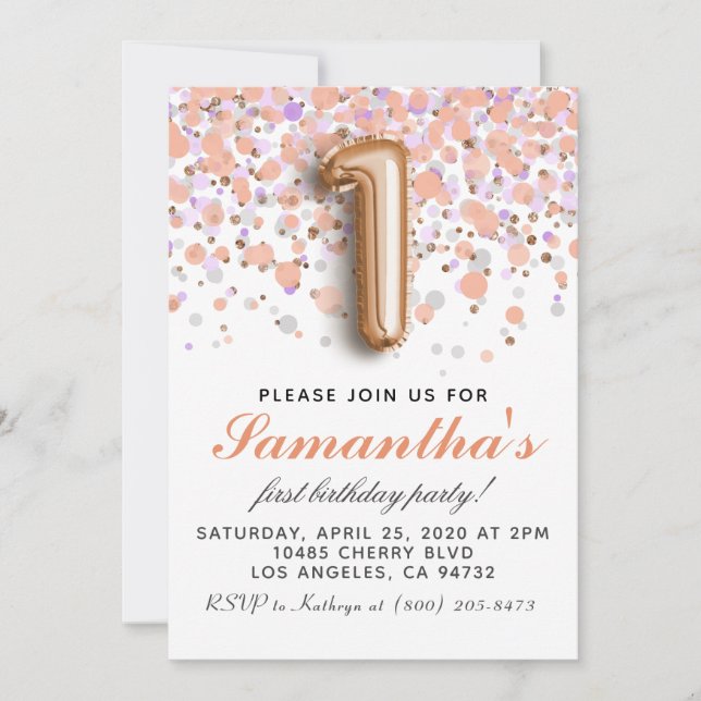 Invitación de cumpleaños de oro rosa 1er (Anverso)