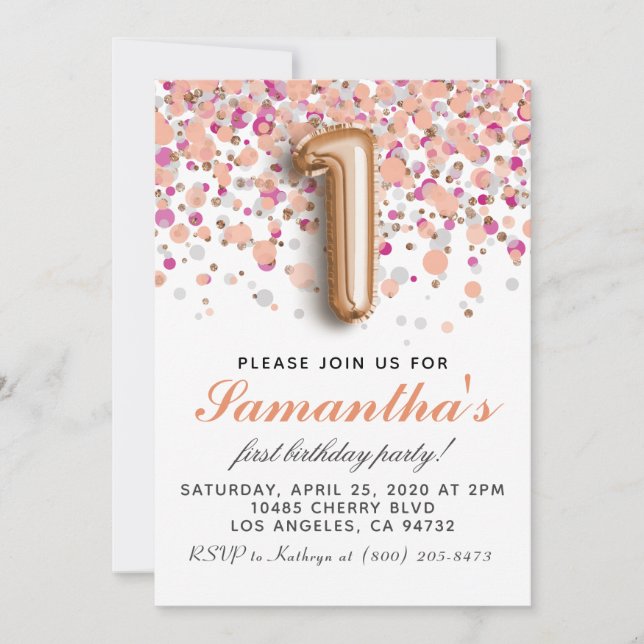 Invitación de cumpleaños de oro rosa 1er (Anverso)