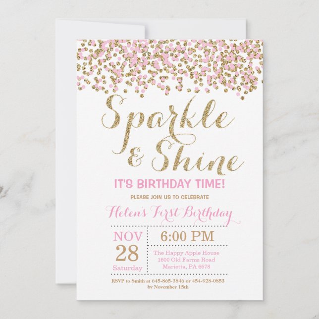 Invitación de cumpleaños de oro rosa brillante y e (Anverso)