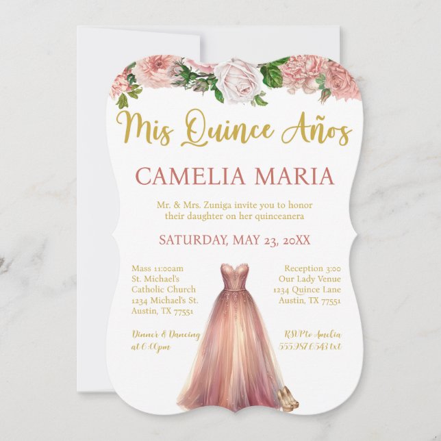 Invitación de cumpleaños de oro rosa de Mis Quince (Anverso)