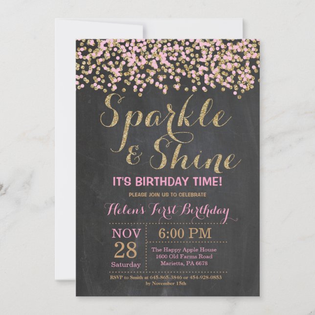 Invitación de cumpleaños de oro rosa espumoso y br (Anverso)