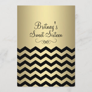 Invitación de cumpleaños de oro y chevron negro du