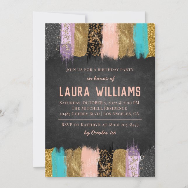 Invitación de cumpleaños de oro y cinta metálica (Anverso)