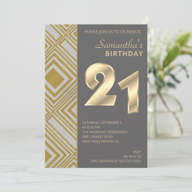 Invitación de cumpleaños de oro y plata Art Deco (Anverso de pie)