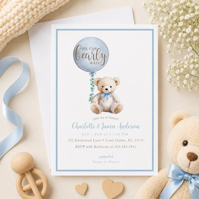 Invitación de Cumpleaños de Osito Azul Barely Wait (Blue Baby shower invite with soft details)