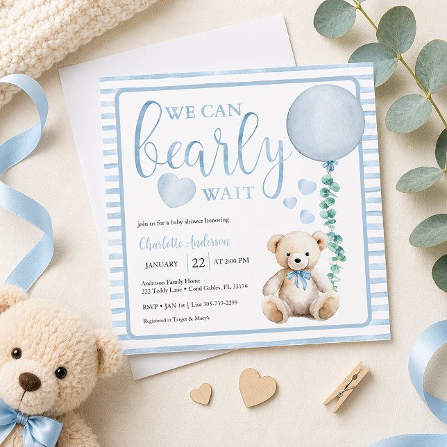 Invitación de Cumpleaños de Osito Azul 'Blue Bearl (Blue Pastel baby shower invitation flat-lay)