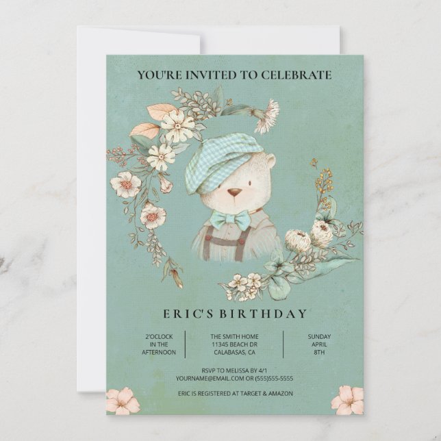 Invitación de cumpleaños de osito bebé botánico rú (Anverso)