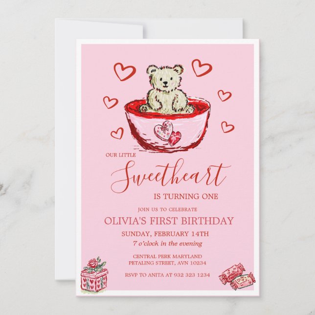Invitación de cumpleaños de osito corazones Little (Anverso)