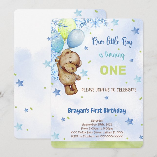Invitación de cumpleaños de osito de peluche (Anverso / Reverso)
