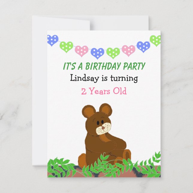 Invitación de cumpleaños de osito de peluche (Anverso)