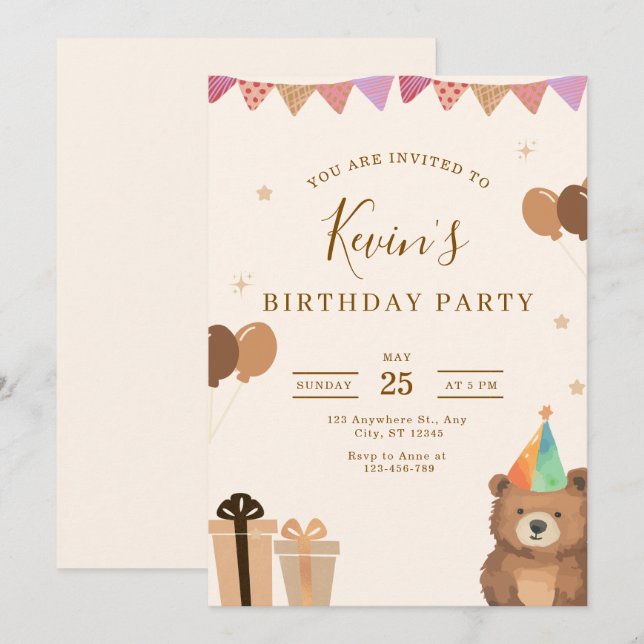 Invitación de cumpleaños de osito de peluche marró (Anverso / Reverso)