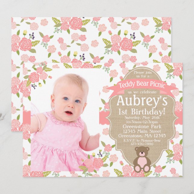 Invitación de cumpleaños de osito de peluche - Pic (Anverso / Reverso)