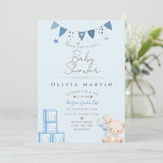 Invitación de Cumpleaños de Osito de Peluche y Glo (Anverso de pie)