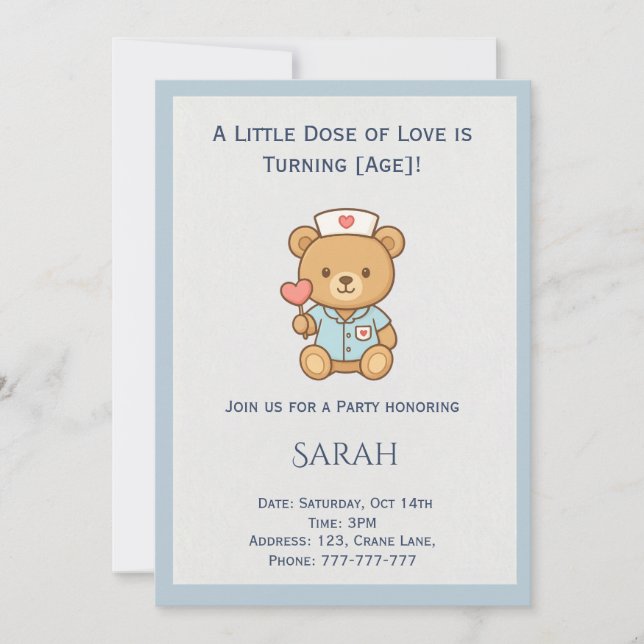 Invitación de cumpleaños de osito enfermero Teddy (Anverso)