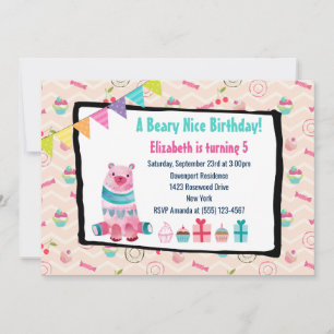 Invitación de cumpleaños de oso acuarela Beary Nic