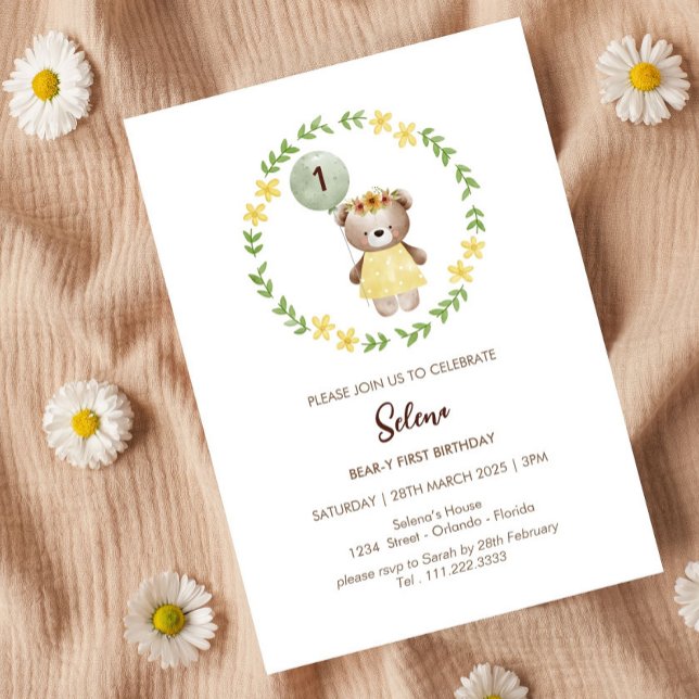 Invitación de cumpleaños de oso adorable para Chic (Bear First Birthday Invitation)