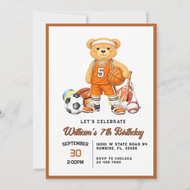 Invitación de cumpleaños de oso de deportes para n (Anverso)